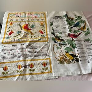 VTG Calendar Tea Towels 1985 Bluebird Cardinals 1983 Folk Art Birds Linen Towels